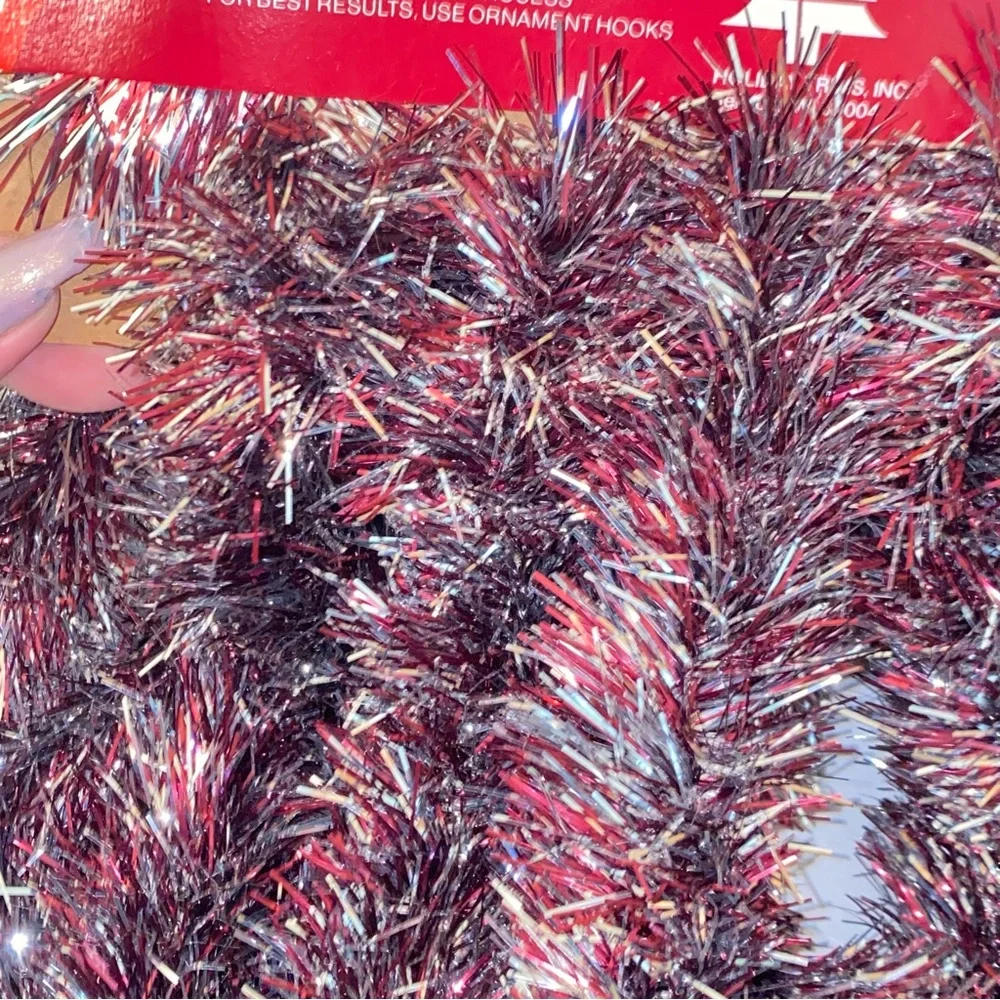 Vintage Set of 2 Burgundy & Silver Holiday Trims 6 Ply Plush 18ft Tinsel Garland
